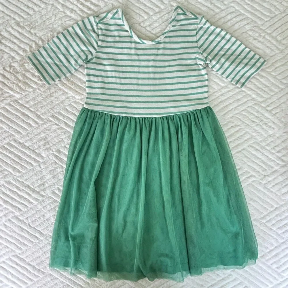 Hanna Andersson Girls Size 5 Green Stripe Tulle Twirl Dress Short Sleeve